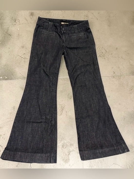 Mossimo Denim - Mossimo Y2K Flare Jeans Low Rise Wide Leg Dark Blue Stretch Premium Denim Sz 10
